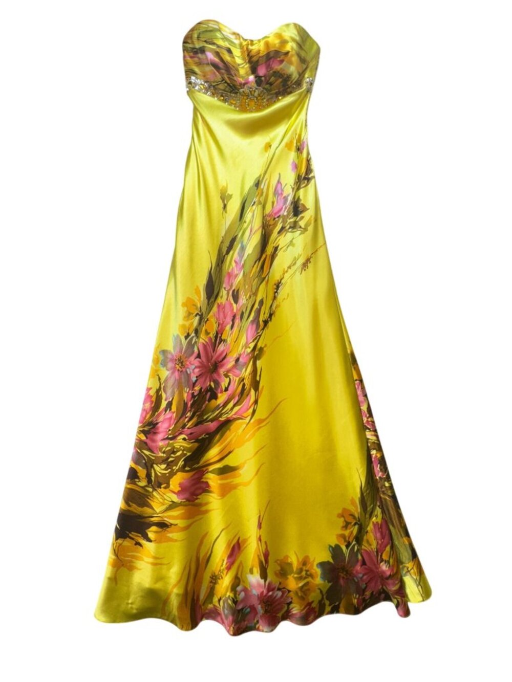 Studio 17 Womens Strapless Floral Satin Evening Prom Long Gown Yellow Embellishe
